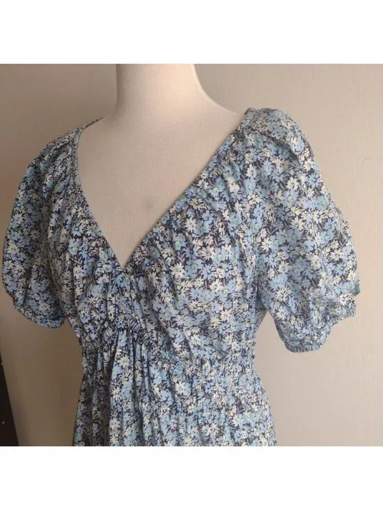 Vineyard Vines Blue Floral Dress L Cotton Puff Sleeves Midi w POCKETS - Picture 8 of 10
